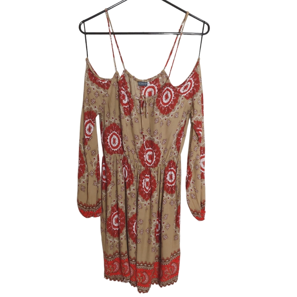 Earthbound Trading Co Boho Hippie Cold Shoulder Tan Red Mini Dress Size Small